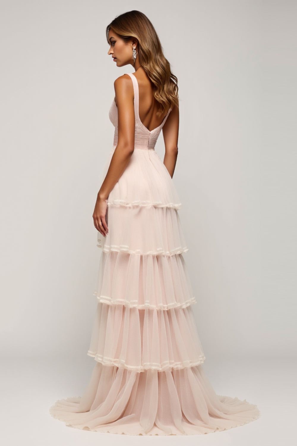 Candy Pink A Line V-Neck Tiered Tulle Prom Dress