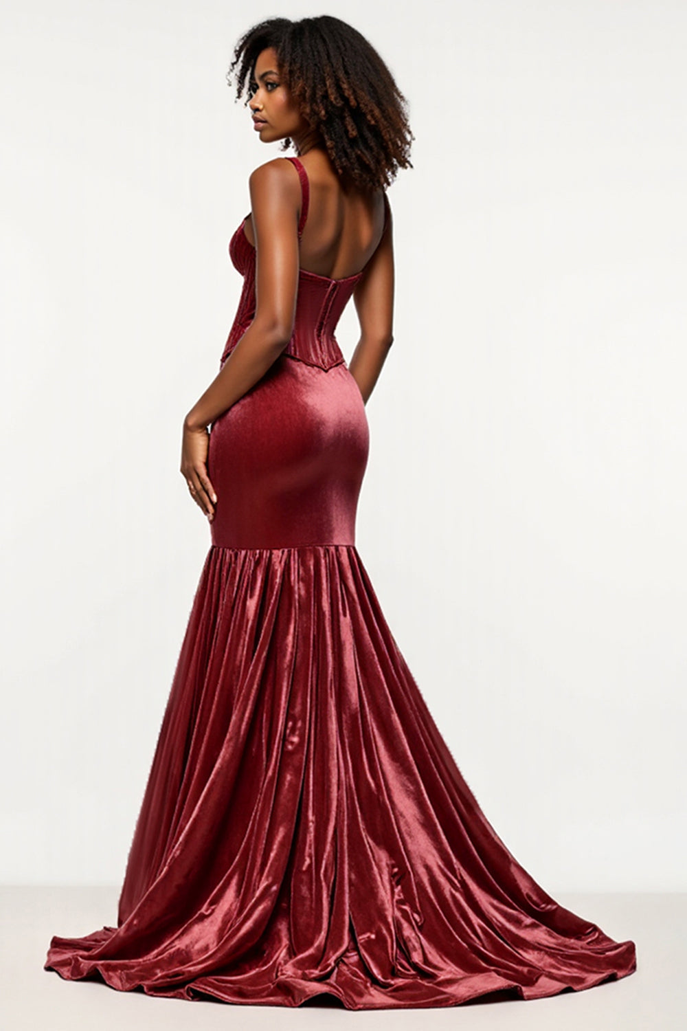 Burgundy Mermaid V-Neck Corset Velvet Prom Dress