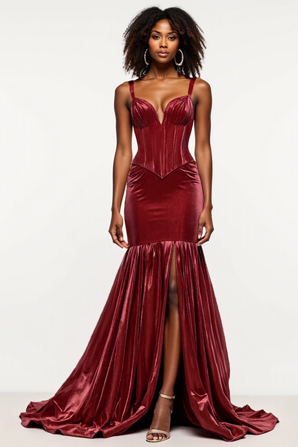 Burgundy Mermaid V-Neck Corset Velvet Prom Dress