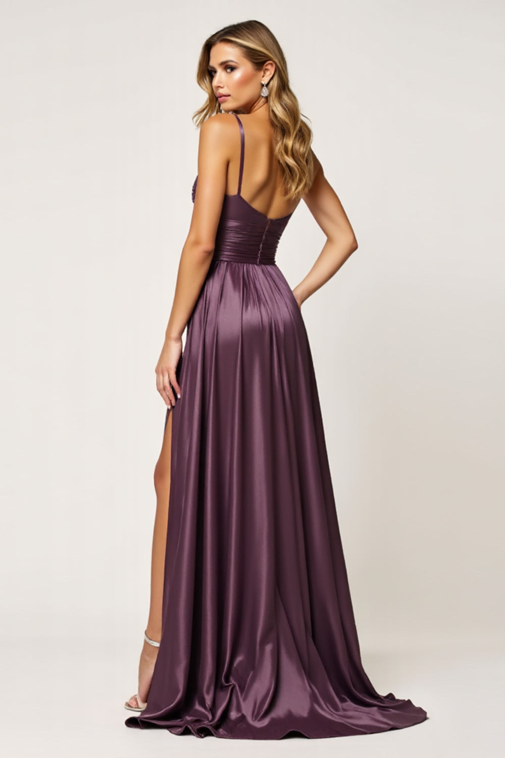Purple A Line Spaghetti Straps Cut Out Satin Prom Dress