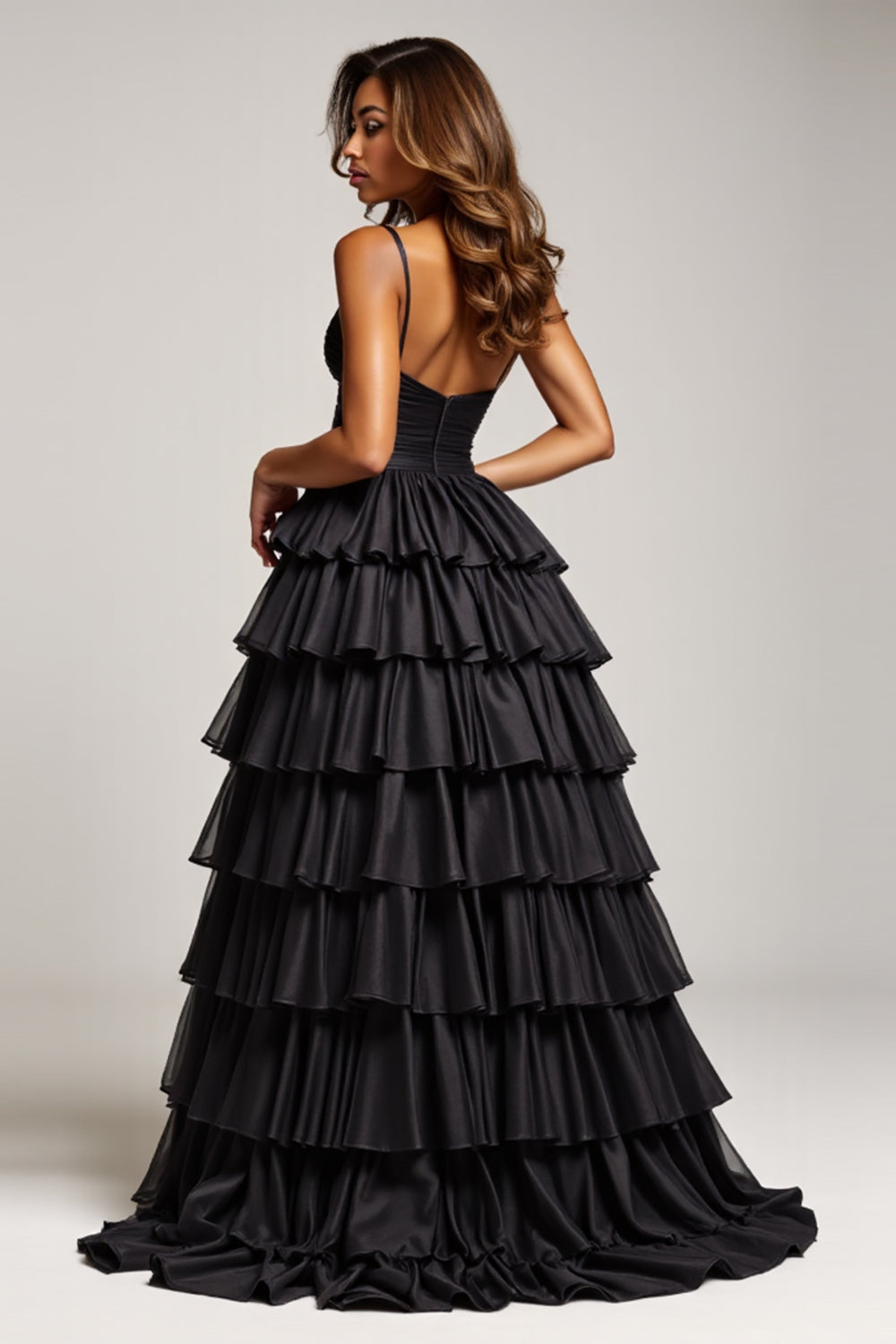 Black A Line Spaghetti Straps Pleated Satin Prom Dress