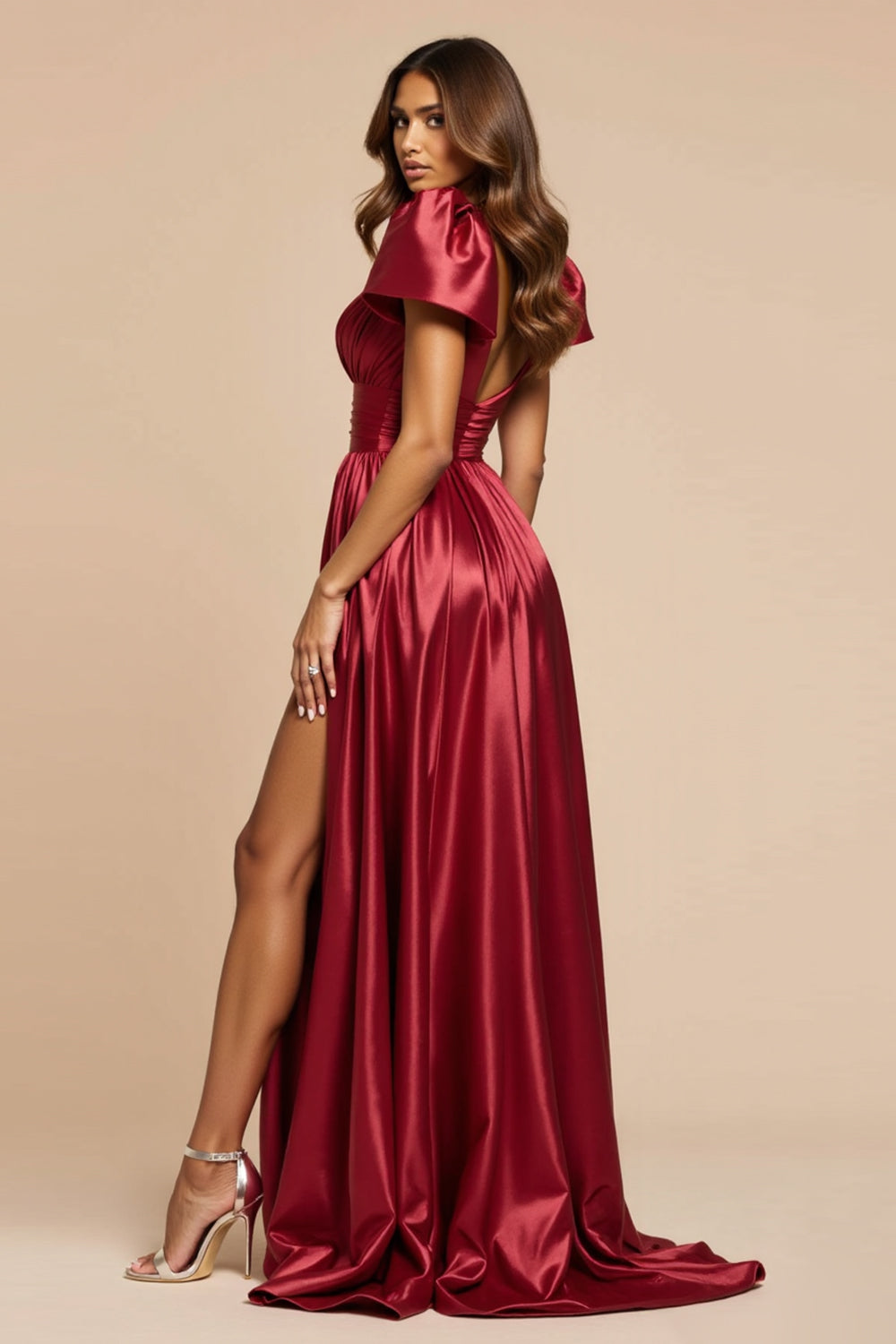 Dark Red A Line V-Neck Pleated Prom Dress with Short Sleeves