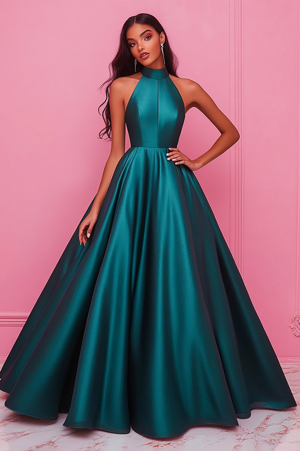 Dark Green High Neck A-Line Sleeveless Satin Long Prom Dress