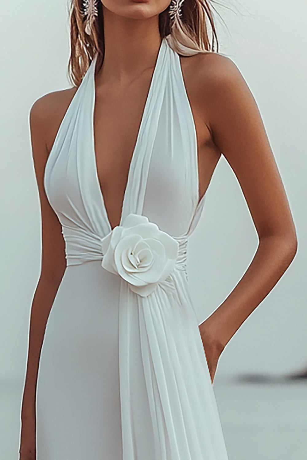 White Sheath Halter Ruched Long Formal Dress with Flower