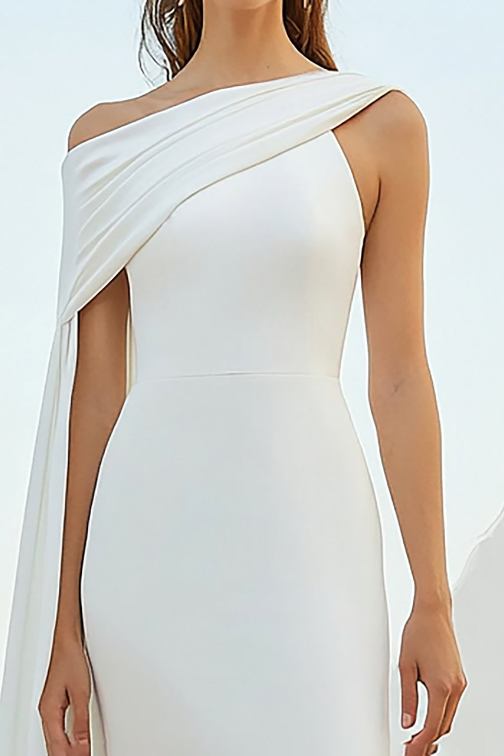 White Sheath One Shoulder Long Formal Dress with Cape