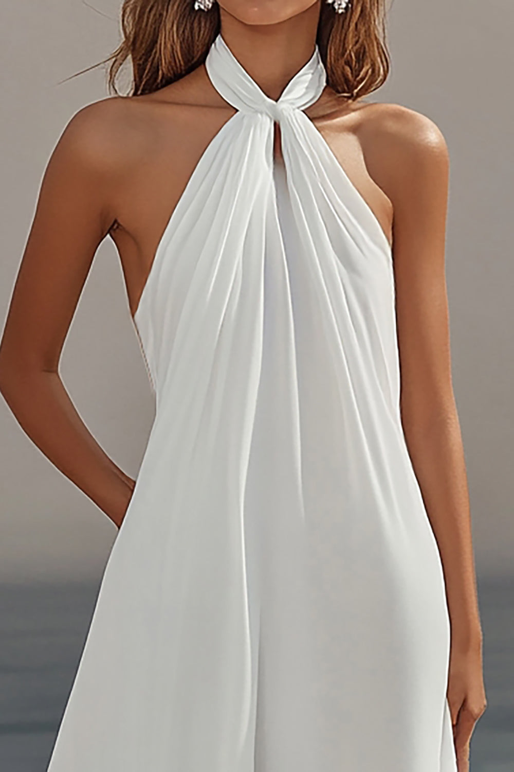 White Sheath Halter Chiffon Long Boho Beach Dress