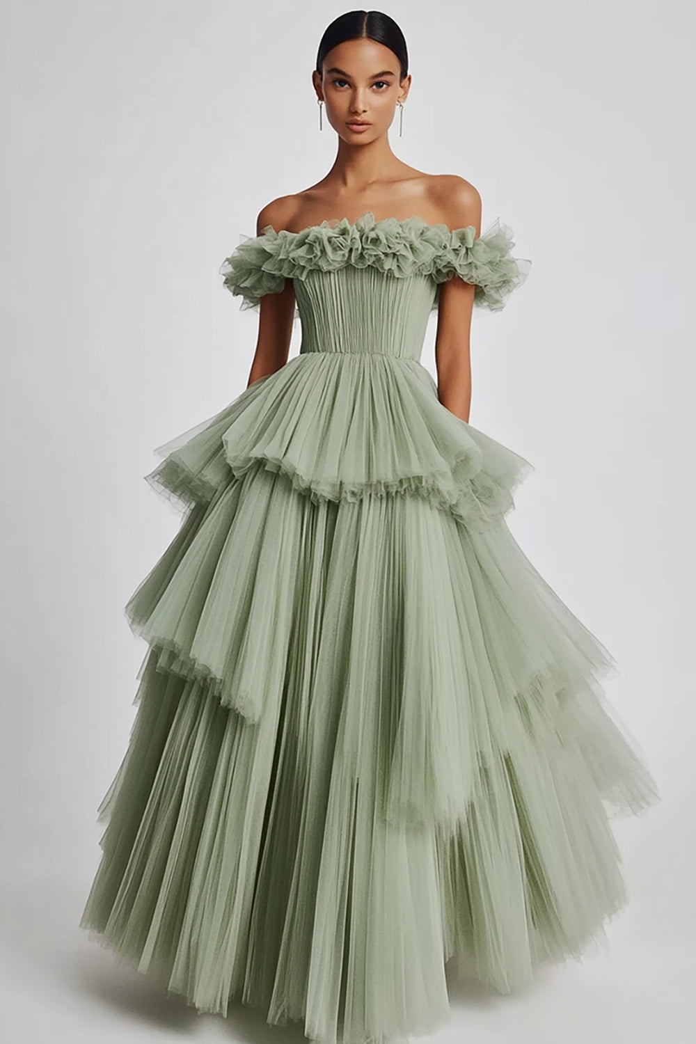 Dusty Sage Off The Shoulder A Line Ruffles Prom Dress