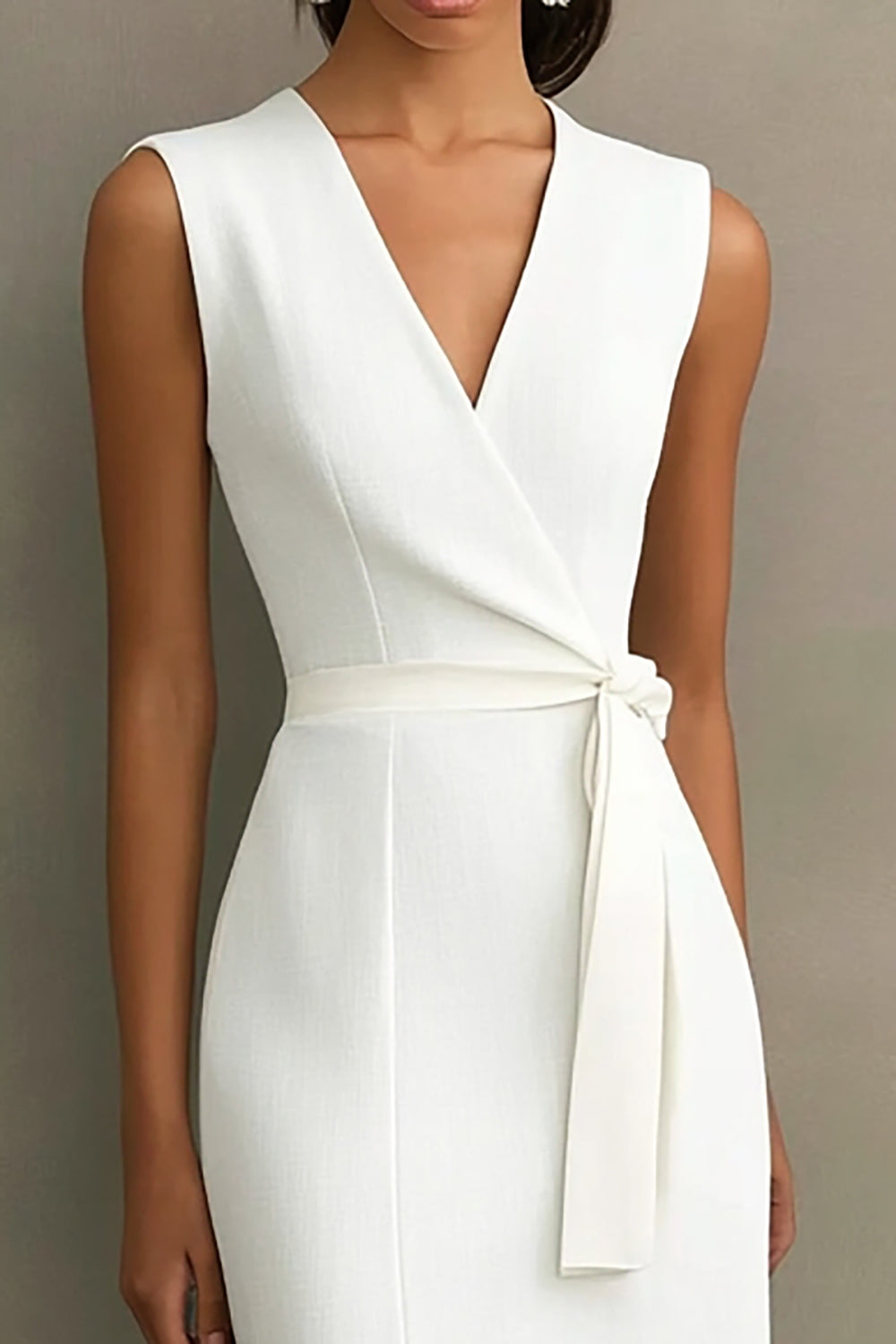 White Satin V-Neck Formal Dress with Belt