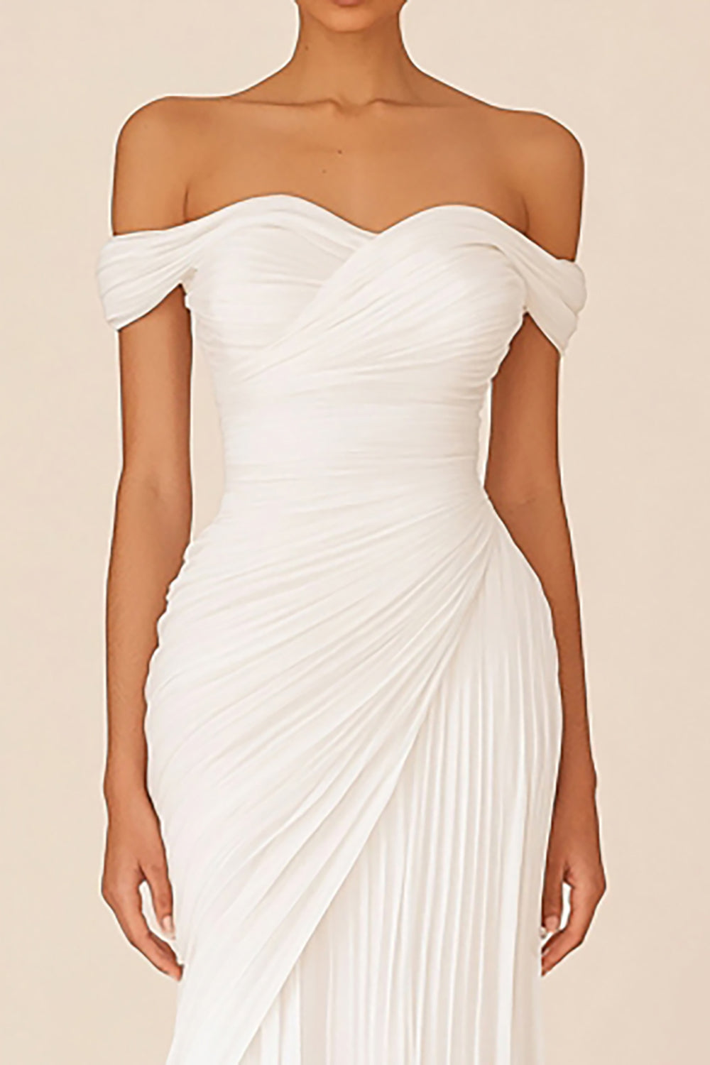 White Sheath Off the Shoulder Pleated Long Wedding Dress