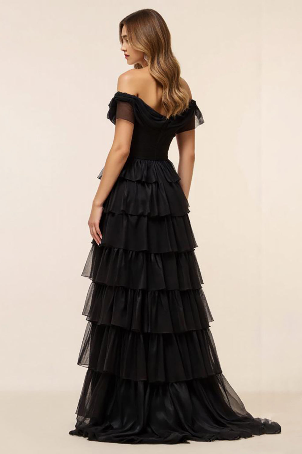 Black Tiered Off the Shoulder Prom Dress with Slit