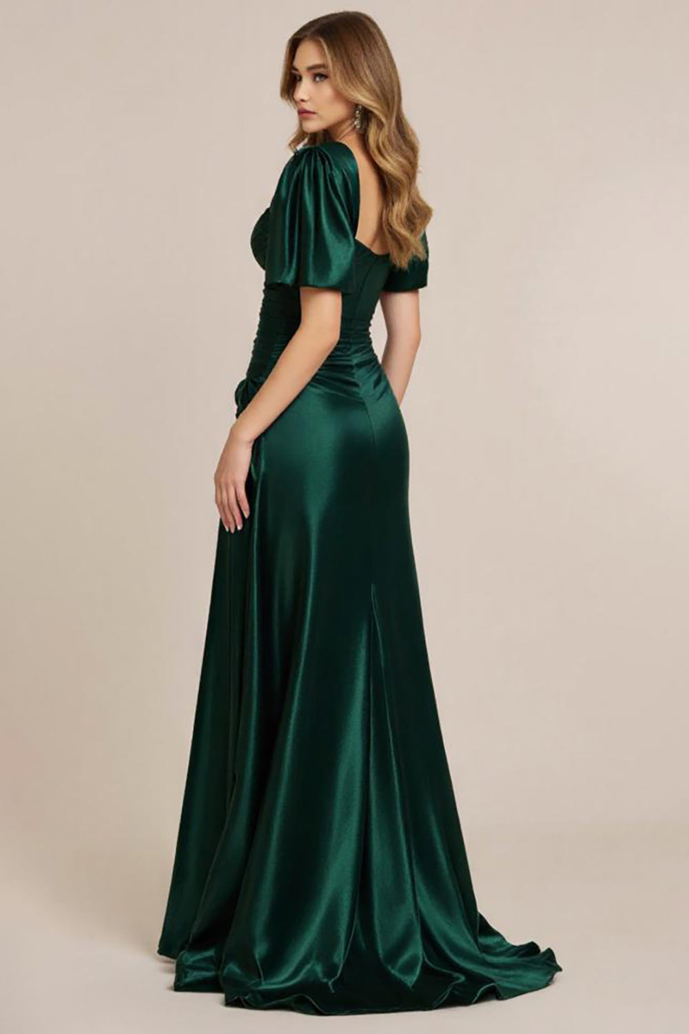 Dark Green Satin A Line Ruched Prom Dress with Slit