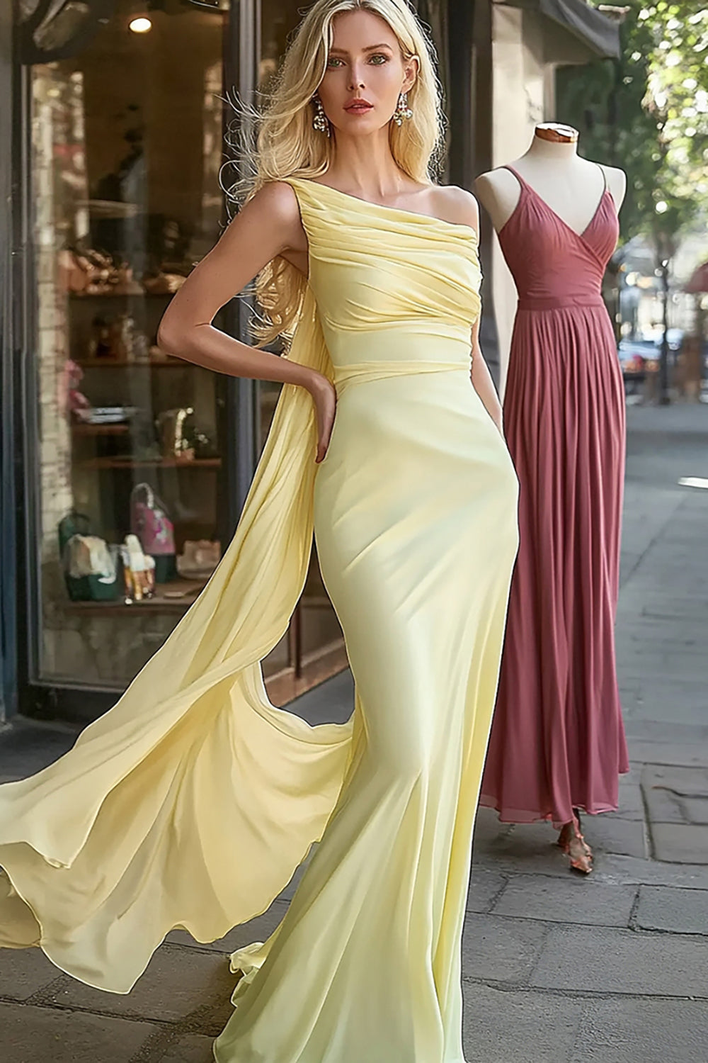 Daffodil One Shoulder Mermaid Prom Dress with Streamer