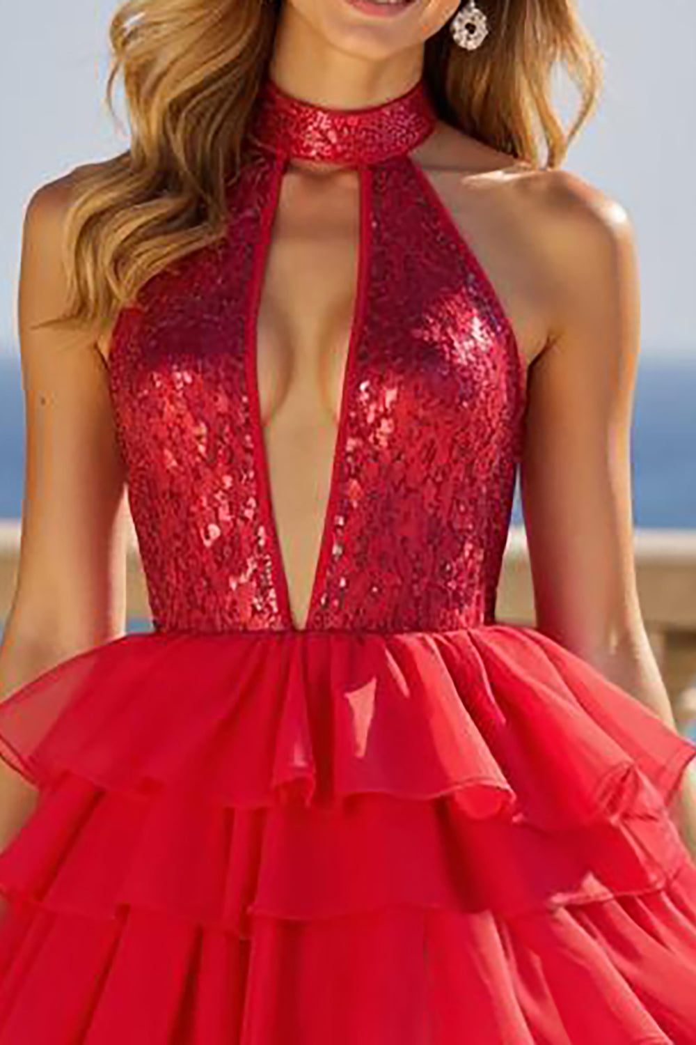 Sparkly Red A Line High Neck Ruffled Keyhole Tulle Long Prom Dress with Slit
