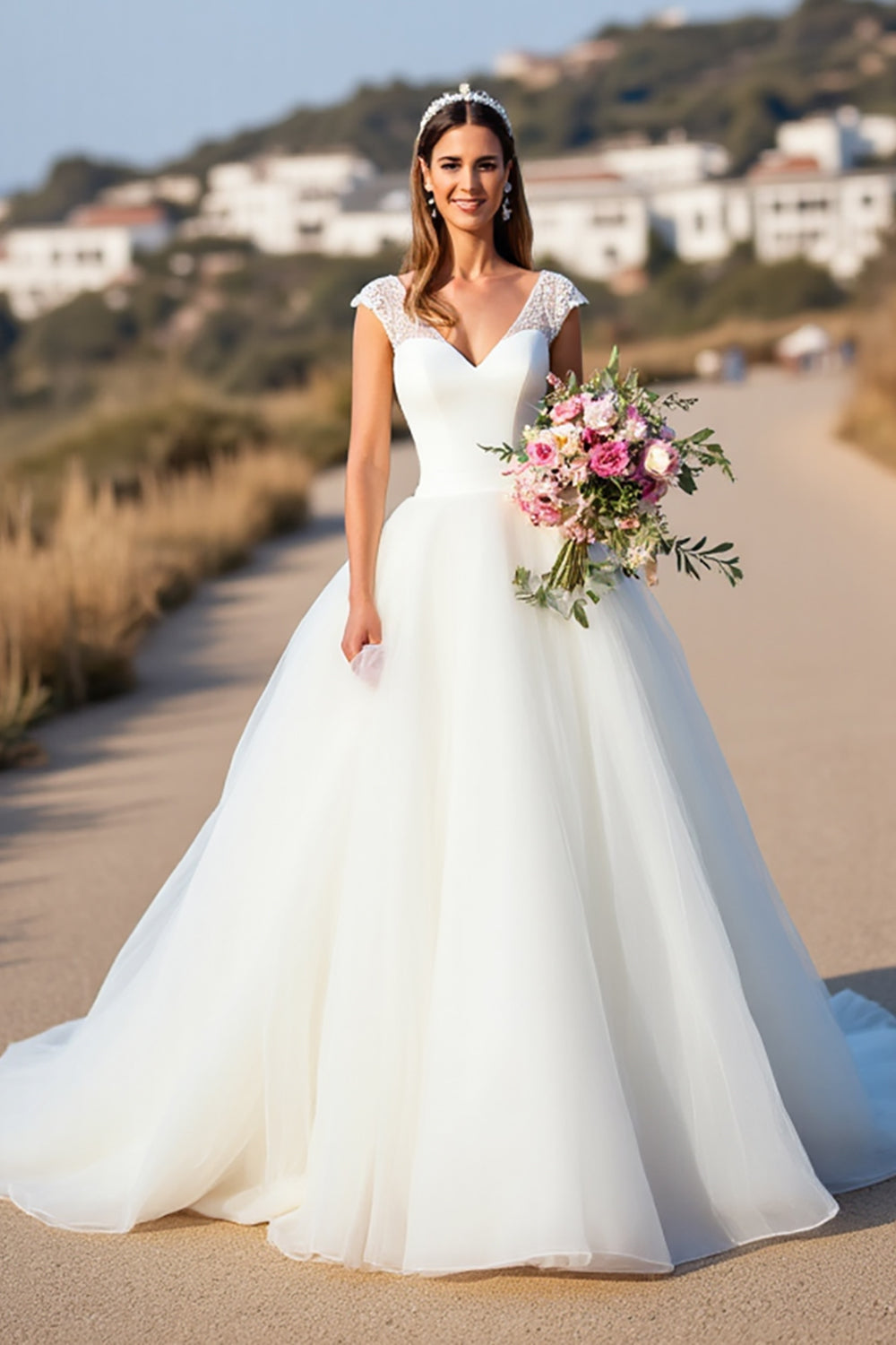 White V-Neck Ball Gown Cap Sleeves Wedding Dress with Lace