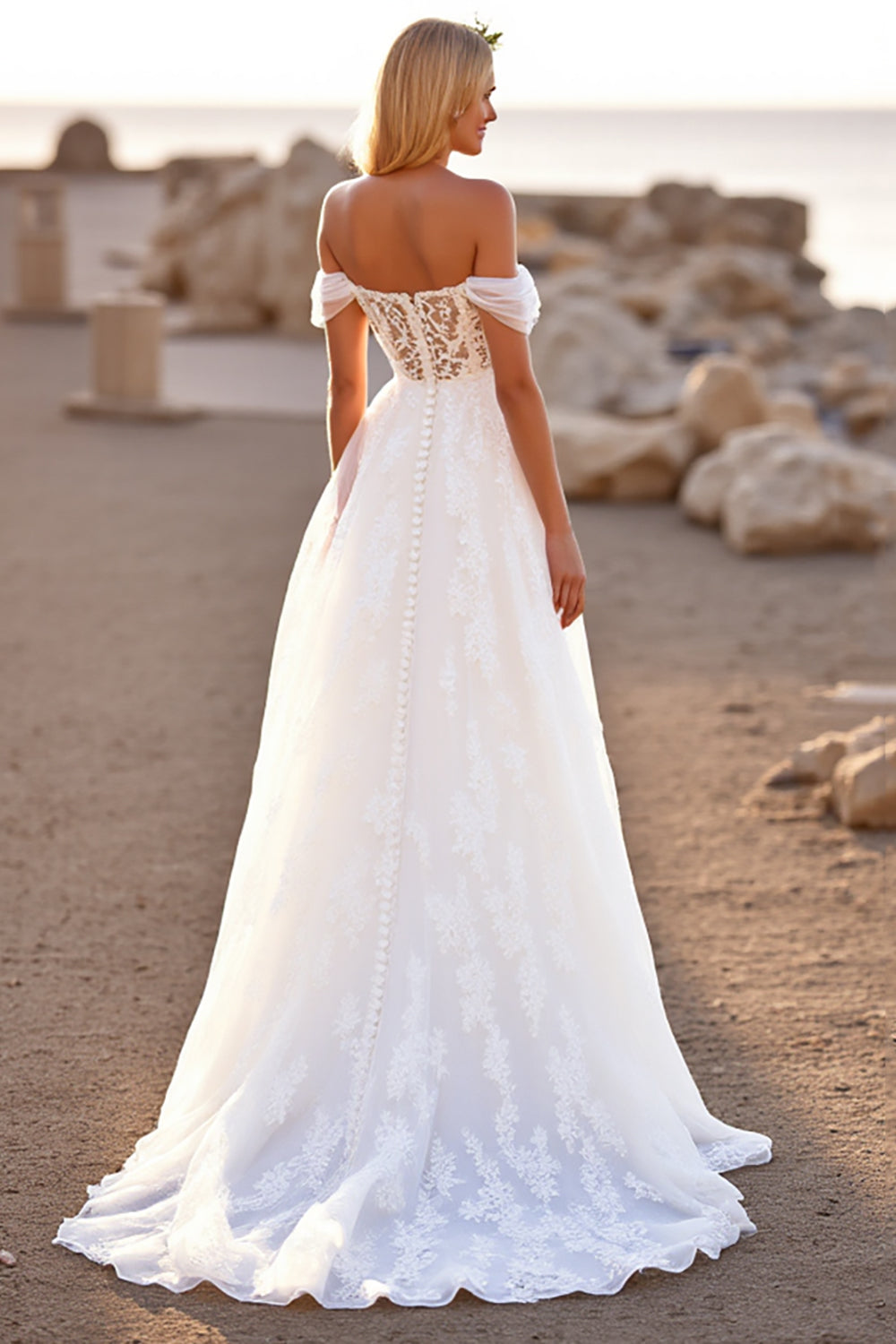 White Tulle Off the Shoulder Boho Sweep Train Wedding Dress with Lace