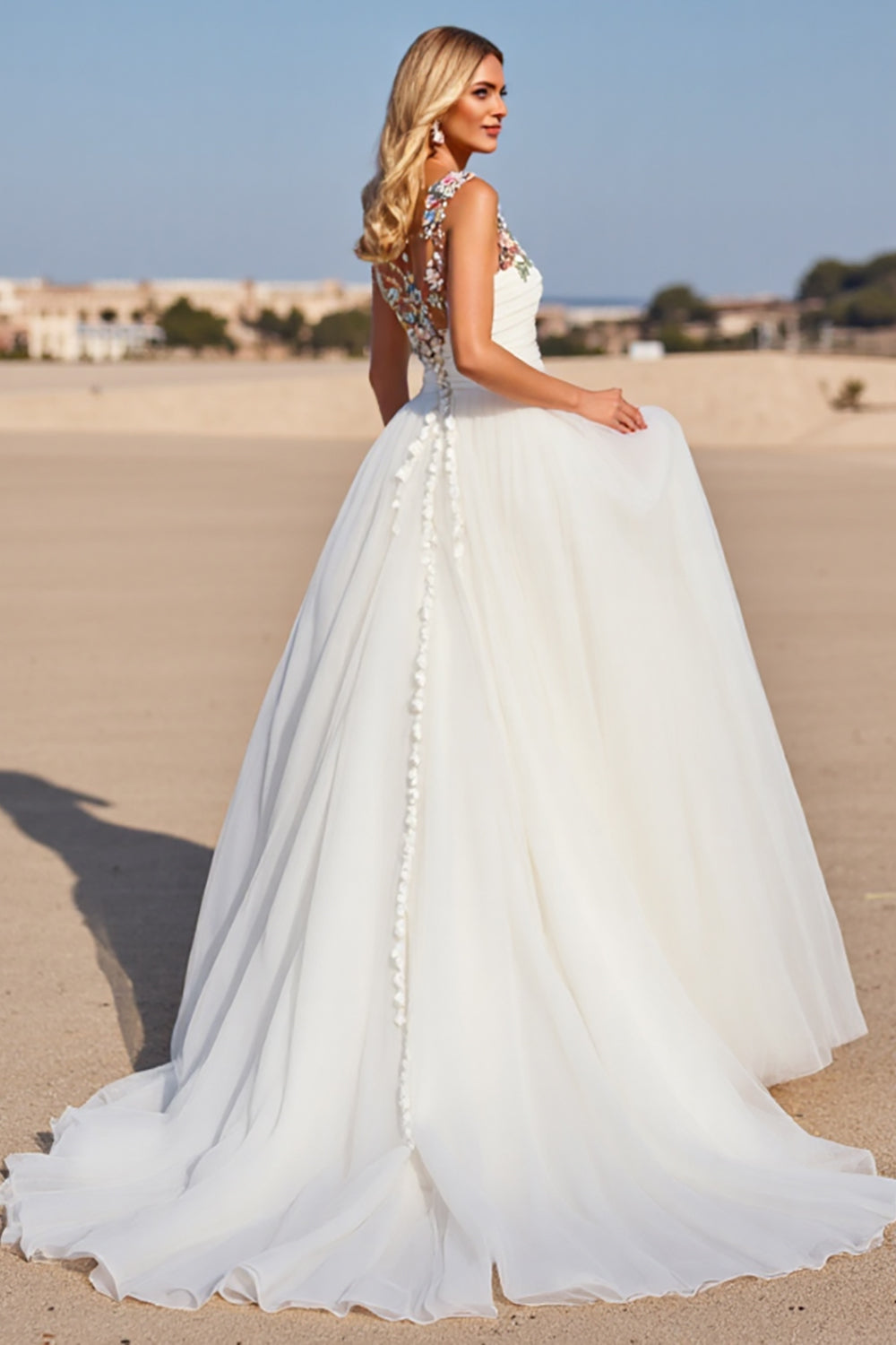White Tulle A Line Boho Sweep Train Wedding Dress with Appliques
