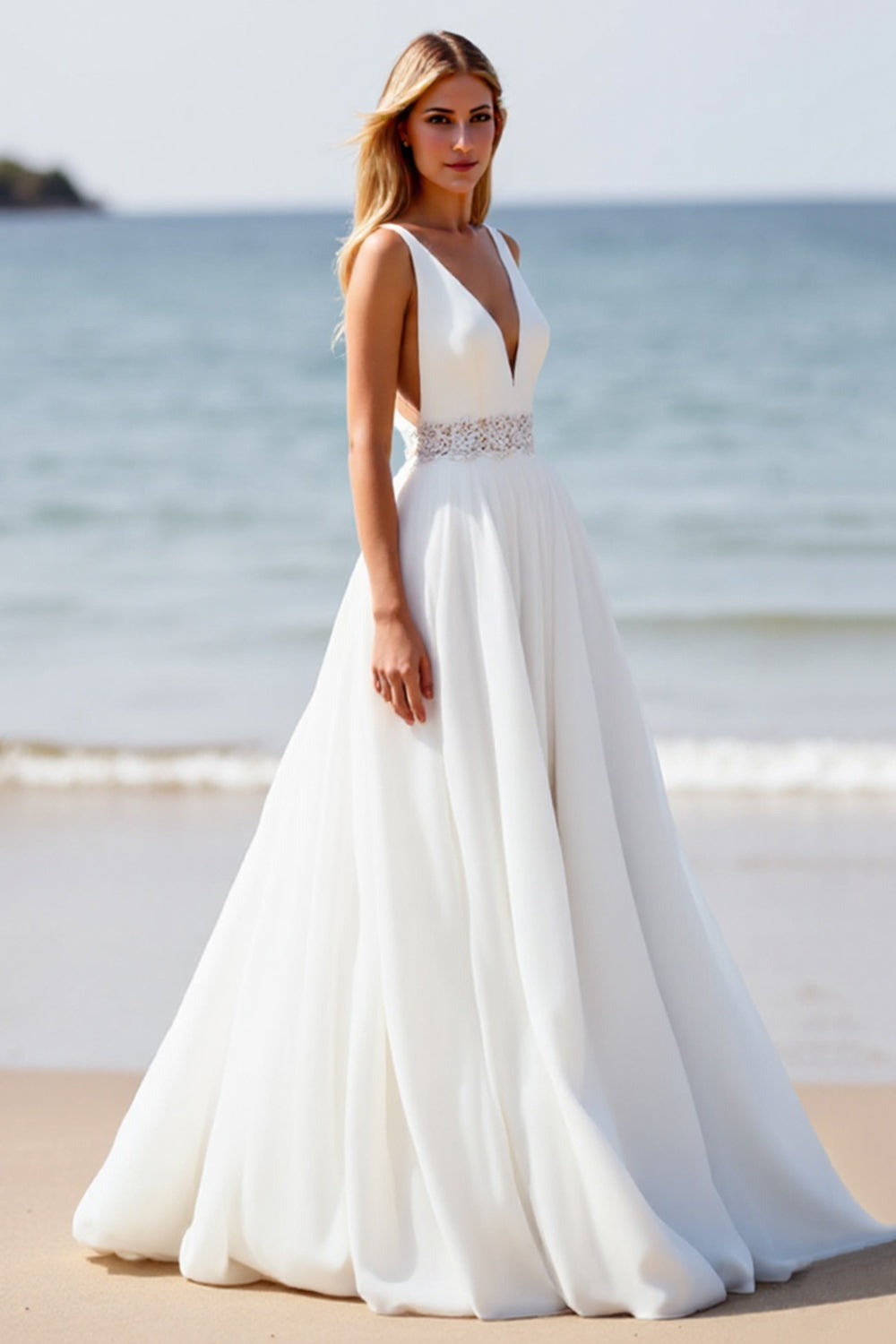 White Chiffon A Line Boho Sweep Train Wedding Dress with Slit