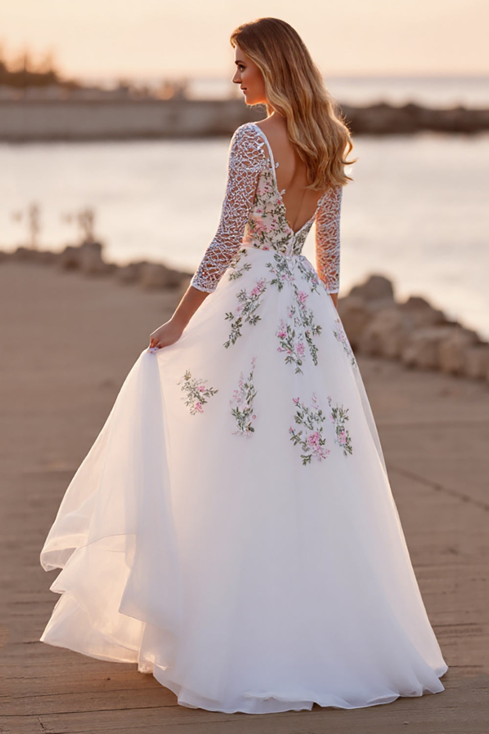 White Tulle Floral A Line Boho Floor Length Wedding Dress