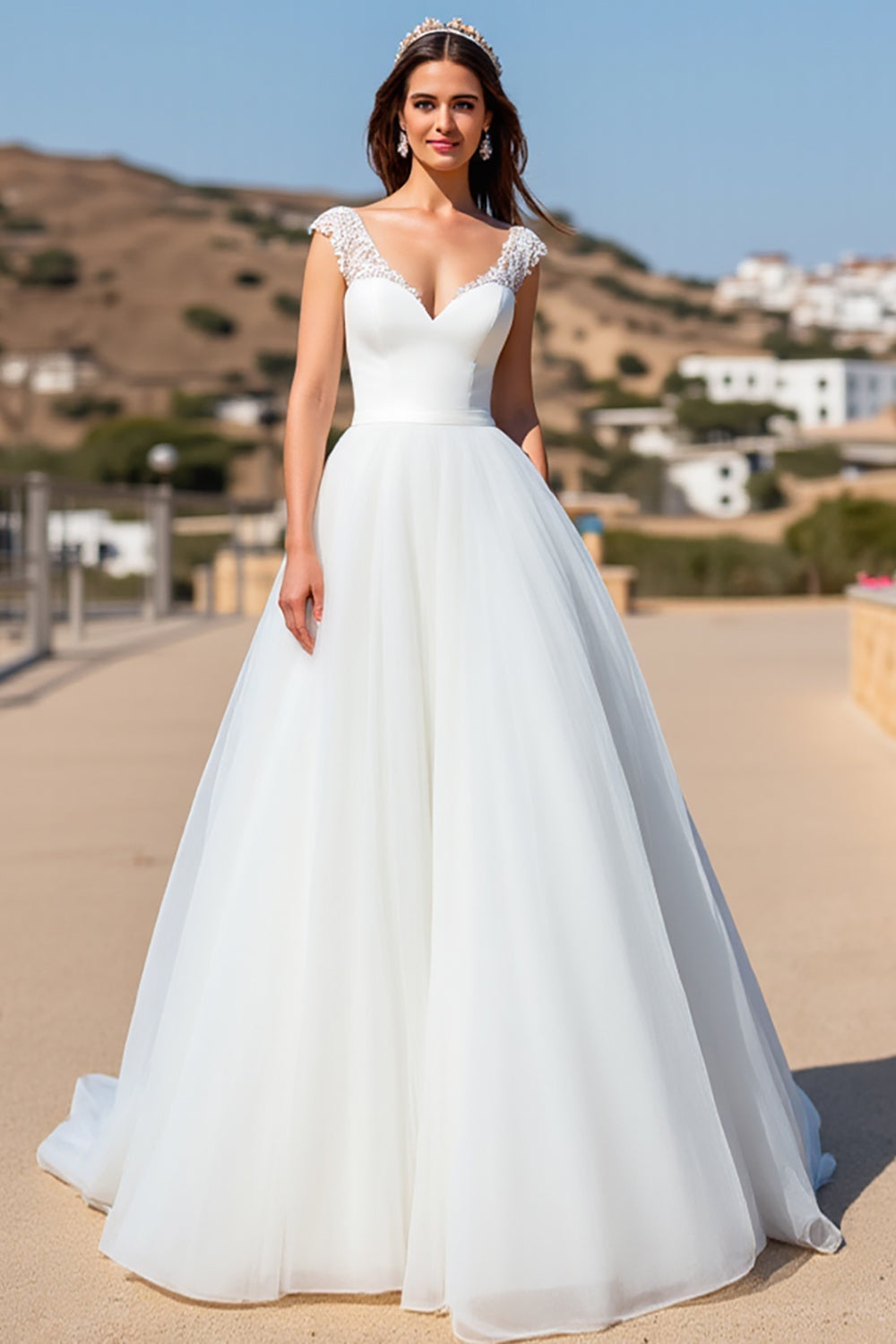 White A Line Tulle Sweep Train Wedding Dress with Lace