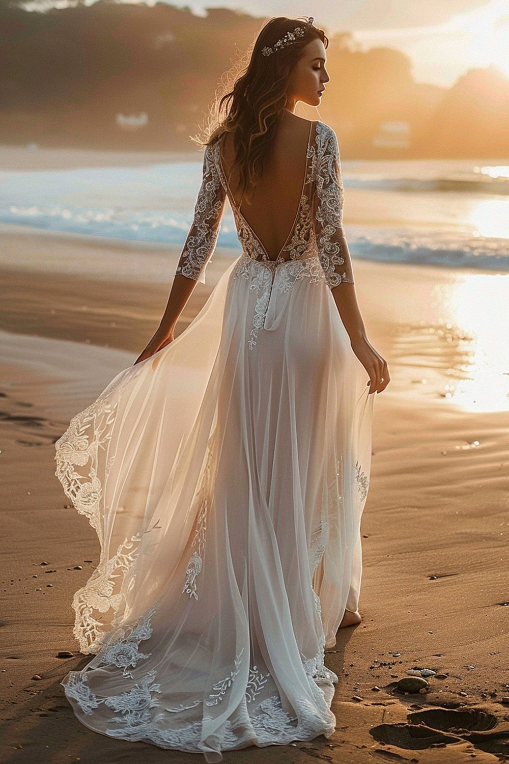 White Tulle Boho Sweep Train Wedding Dress with Appliques