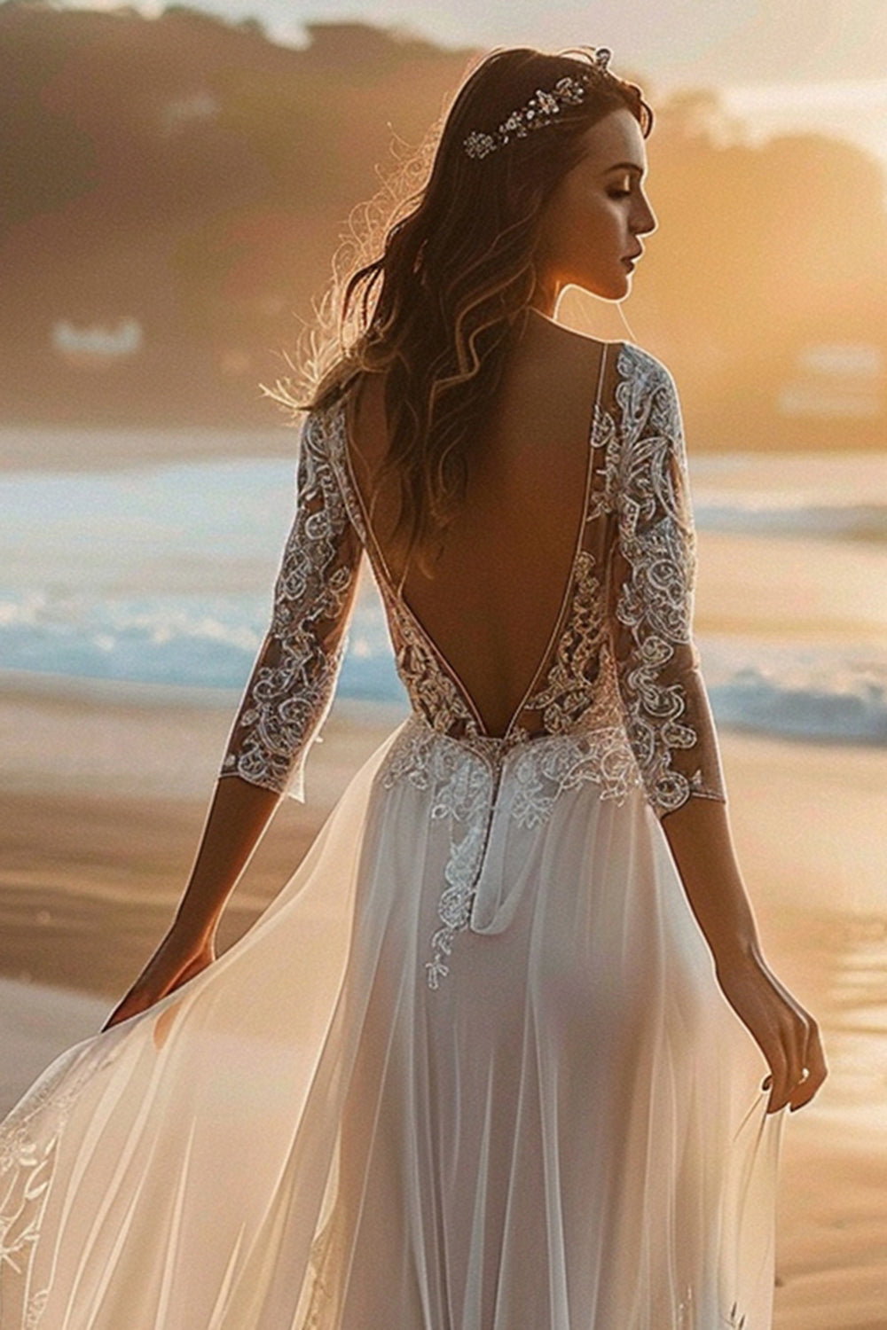 White Tulle Boho Sweep Train Wedding Dress with Appliques