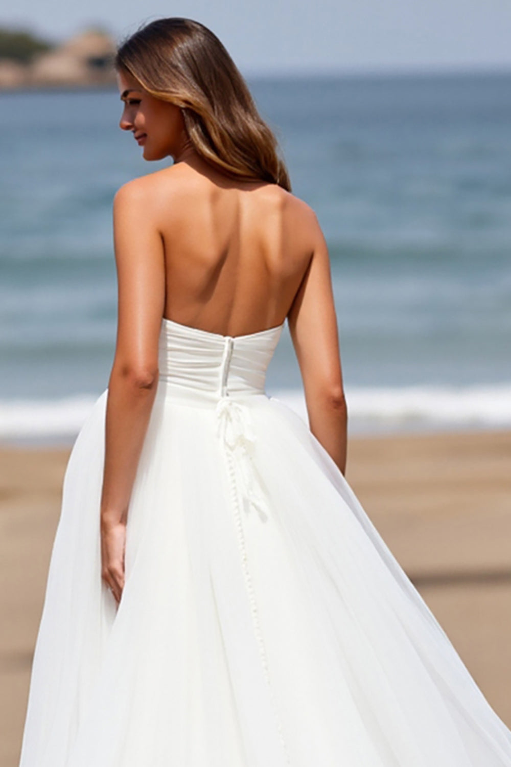 White Strapless A Line Tulle Boho Sweep Train Wedding Dress