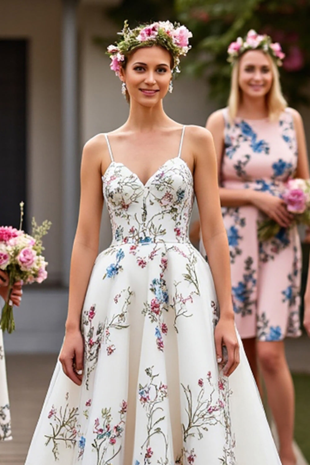 White Tulle A Line Backless Floor Length Wedding Dress with Embroidery