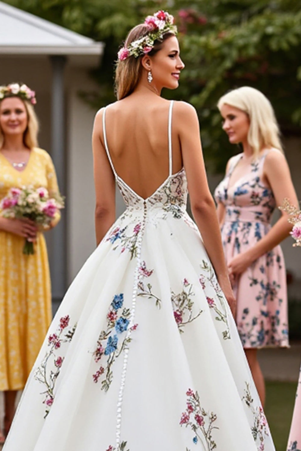 White Tulle A Line Backless Floor Length Wedding Dress with Embroidery