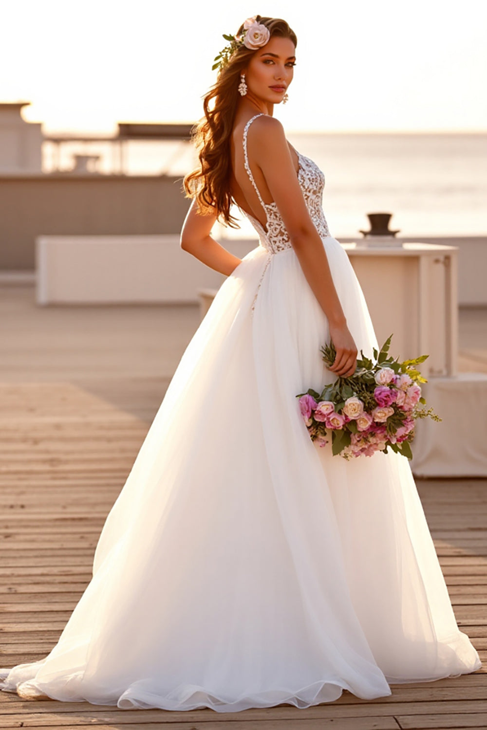 White V-Neck A Line Boho Sweep Train Wedding Dress with Lace
