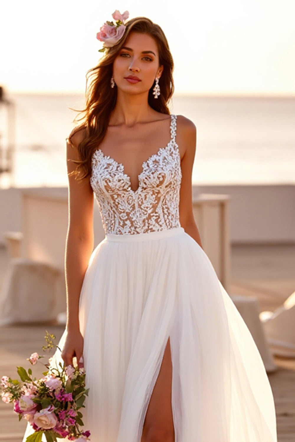 White V-Neck A Line Boho Sweep Train Wedding Dress with Lace