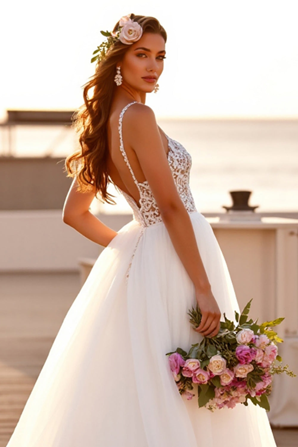White V-Neck A Line Boho Sweep Train Wedding Dress with Lace