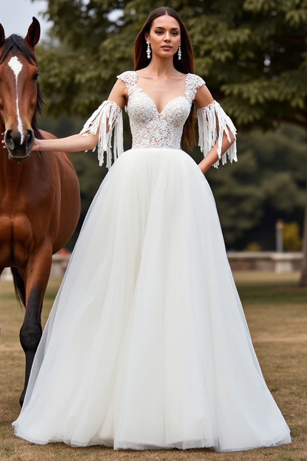 White Tulle A Line Boho Long Wedding Dress with Lace