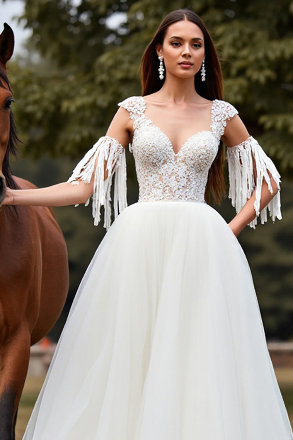 White Tulle A Line Boho Long Wedding Dress with Lace