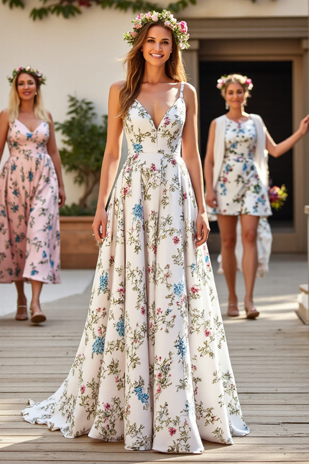 White V-Neck A Line Sweep Train Wedding Dress with Flowers