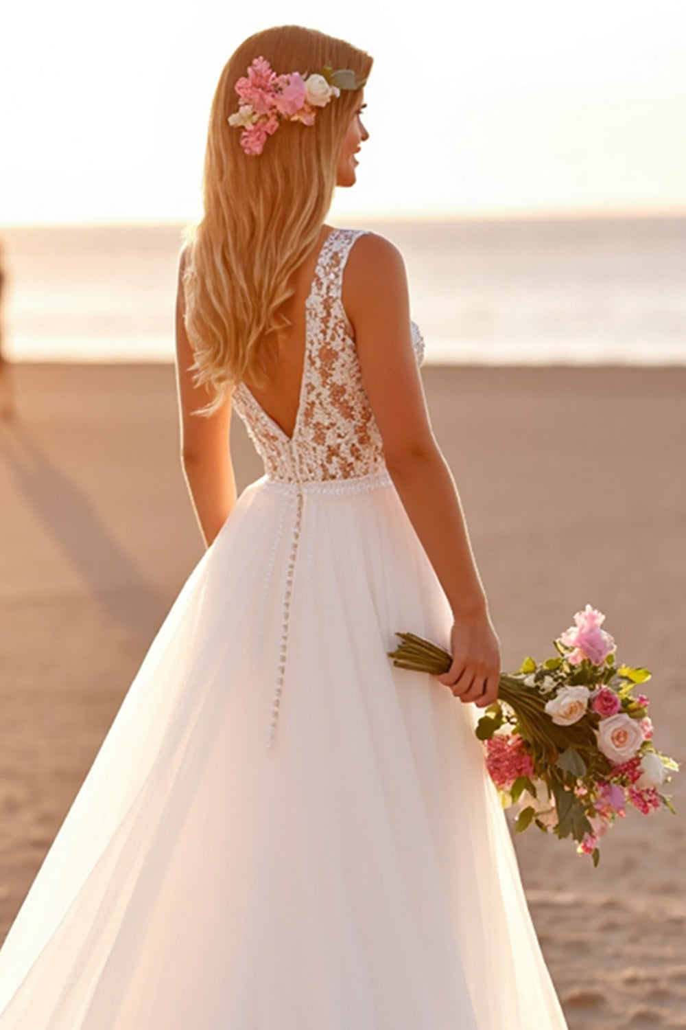 White V-Neck Sleeveless A Line Boho Sweep Train Wedding Dress with Lace