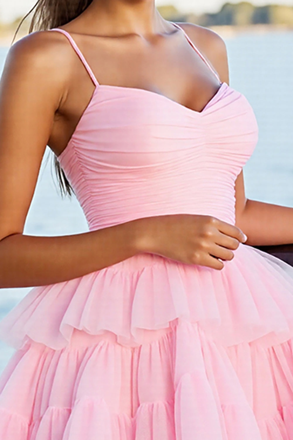 Pink A Line Tiered Spaghetti Straps Homecoming Dress