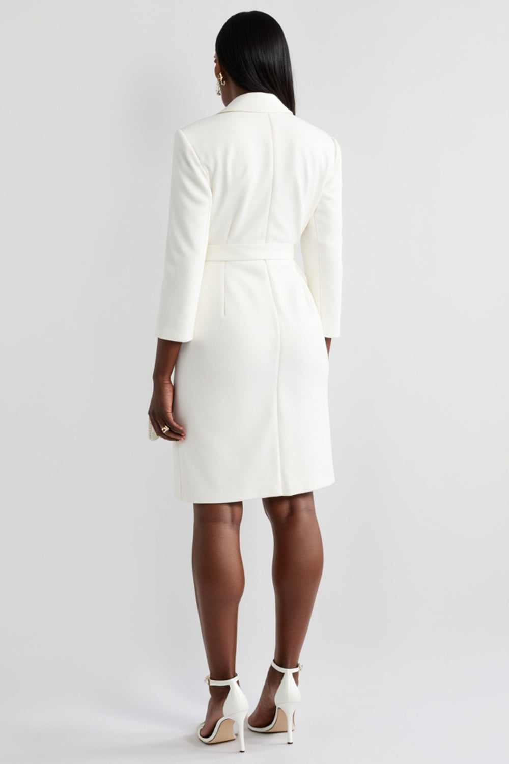 White Notched Lapel Sheath Work Dress with Long Sleeves