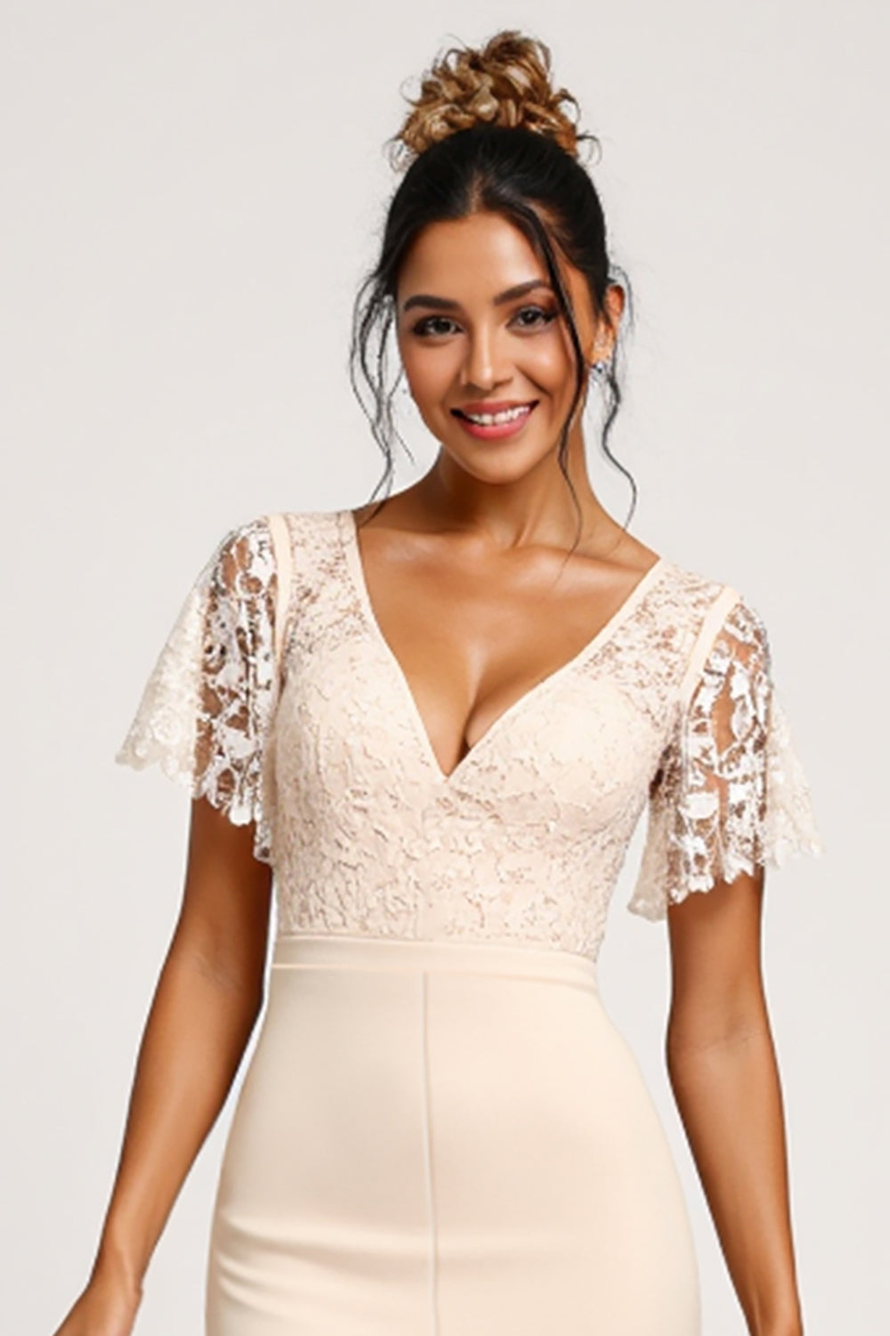 Apricot V-Neck Chiffon Lace Bridesmaid Jumpsuit