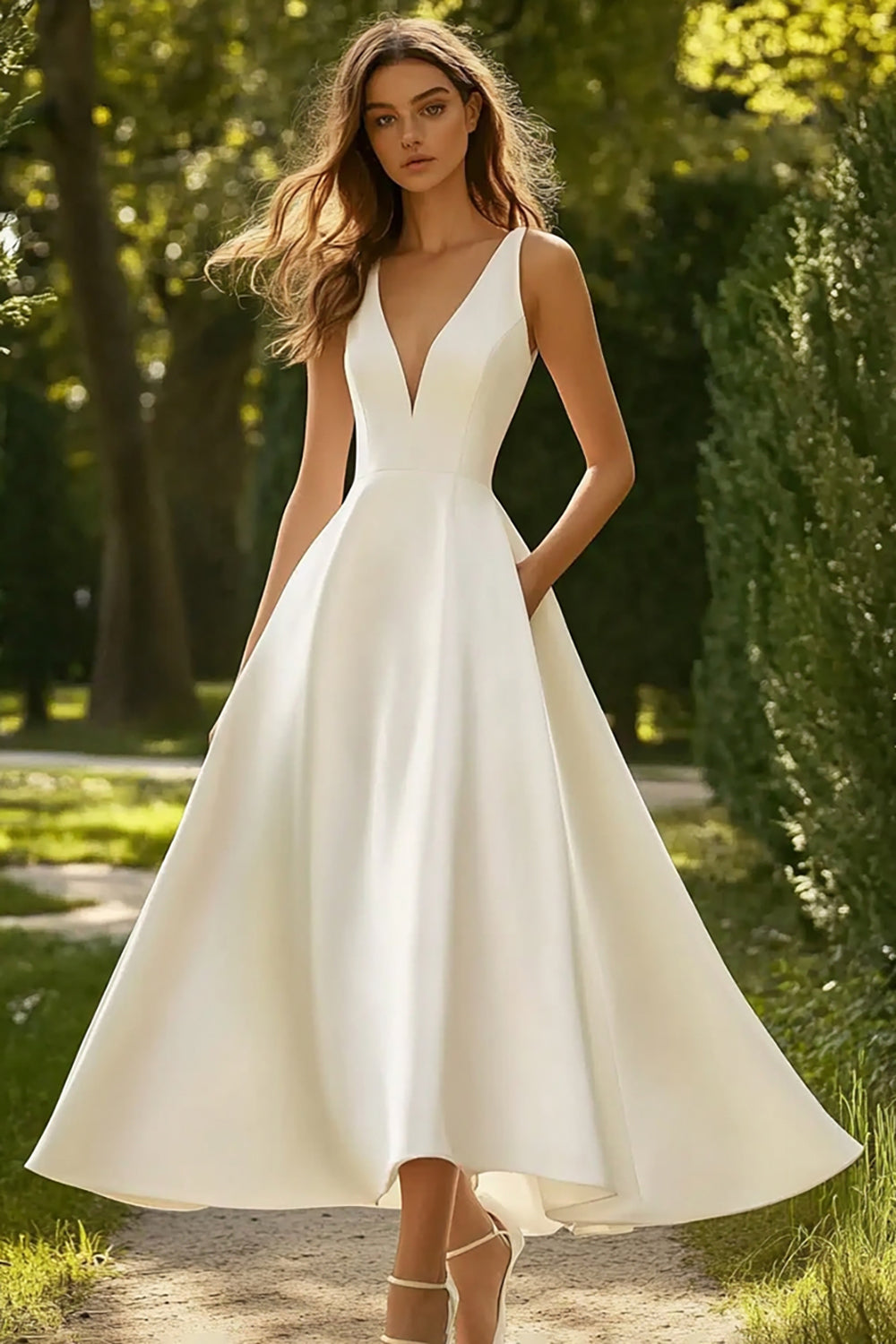 White A Line V Neck Satin Wedding Dress