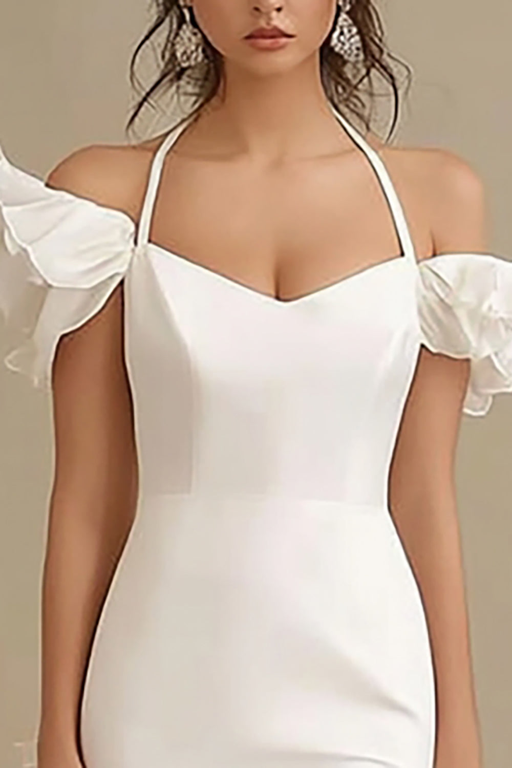 Ivory Cold Shoulder Sheath Ruffled Wedding Dress