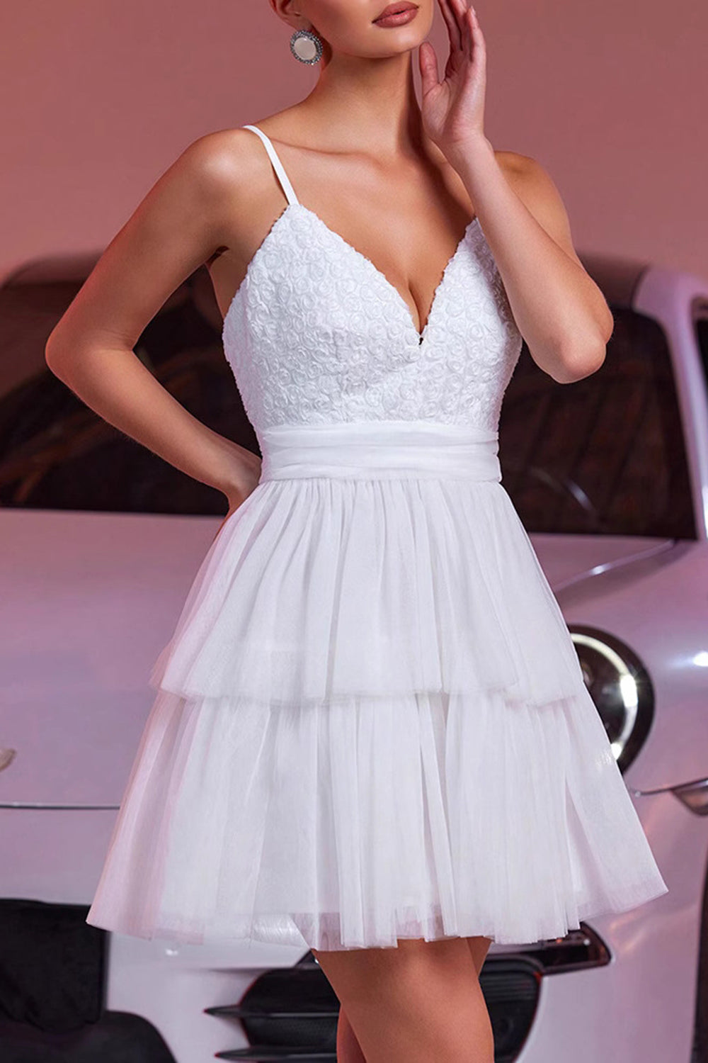 White Spaghetti Straps Tiered A Line Graduation Dress With Appliques