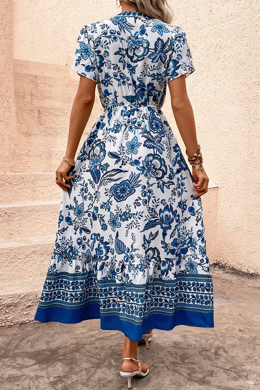White and Blue Floral A Line Summer Dress with Short Sleeves