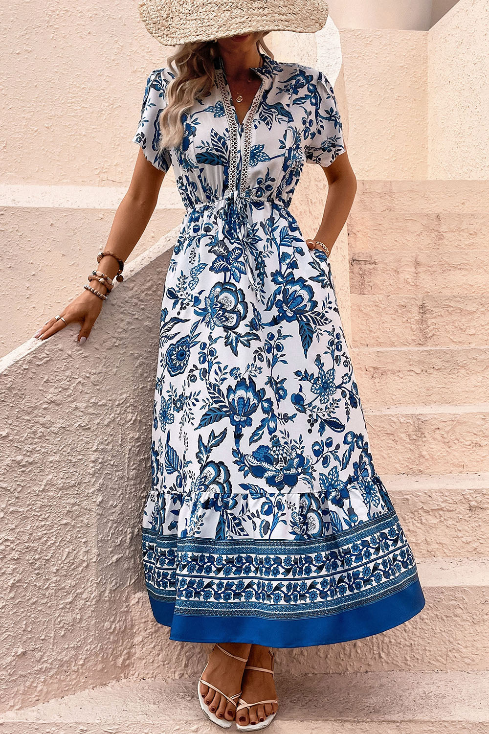 White and Blue Floral A Line Summer Dress with Short Sleeves