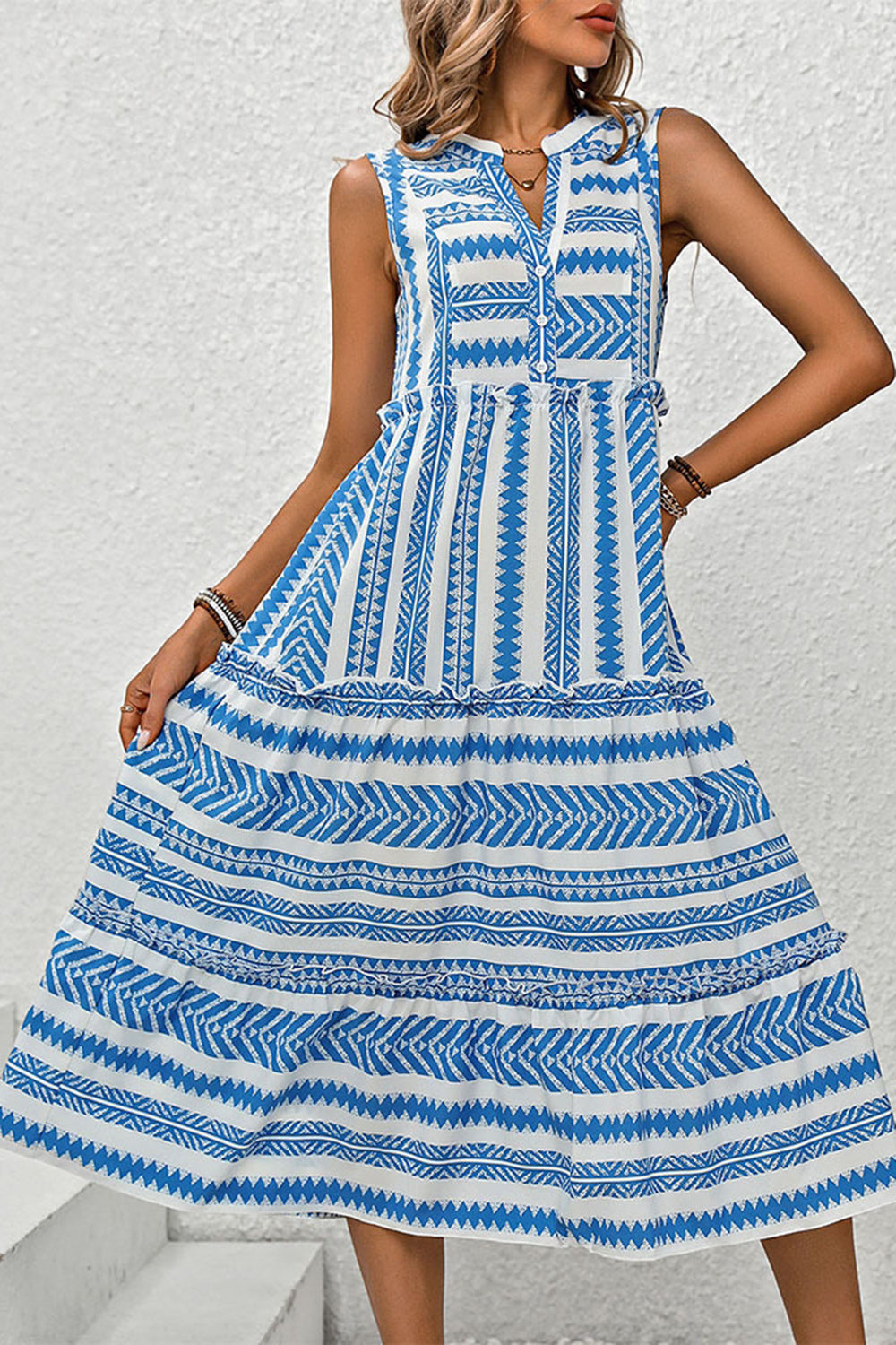 White and Blue Printed A Line Midi Summer Dress