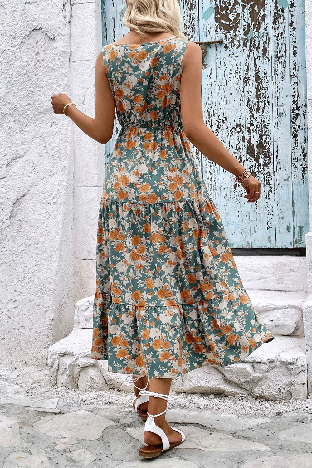 Apricot Printed V Neck A Line Summer Dress