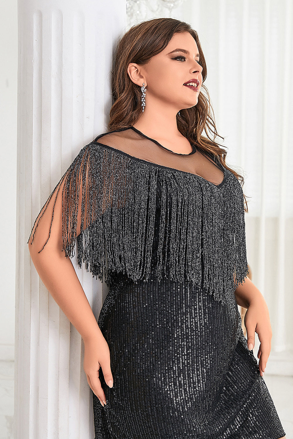 Black Illusion Neck Sequins Sparkly Short Plus Size Homecoming Dress with Fringes