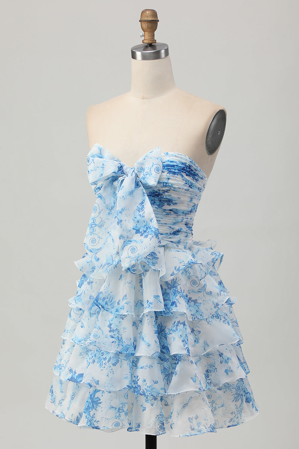 Strapless White Blue Flower A-line Tiered Short Homecoming Dress with Bow