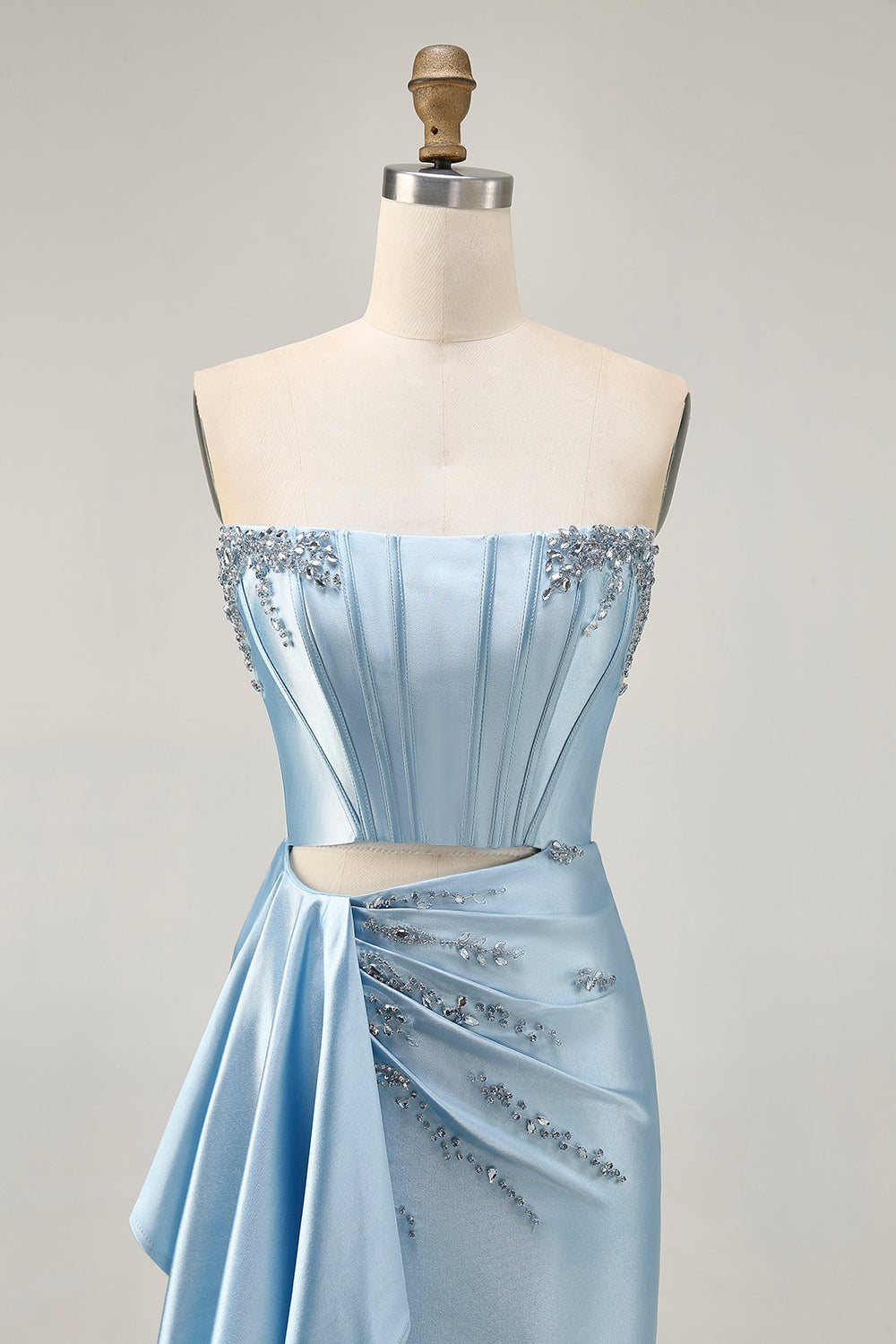 Blue Beaded Corset Tight Cut Out Satin Homecoming Dress with Streamer