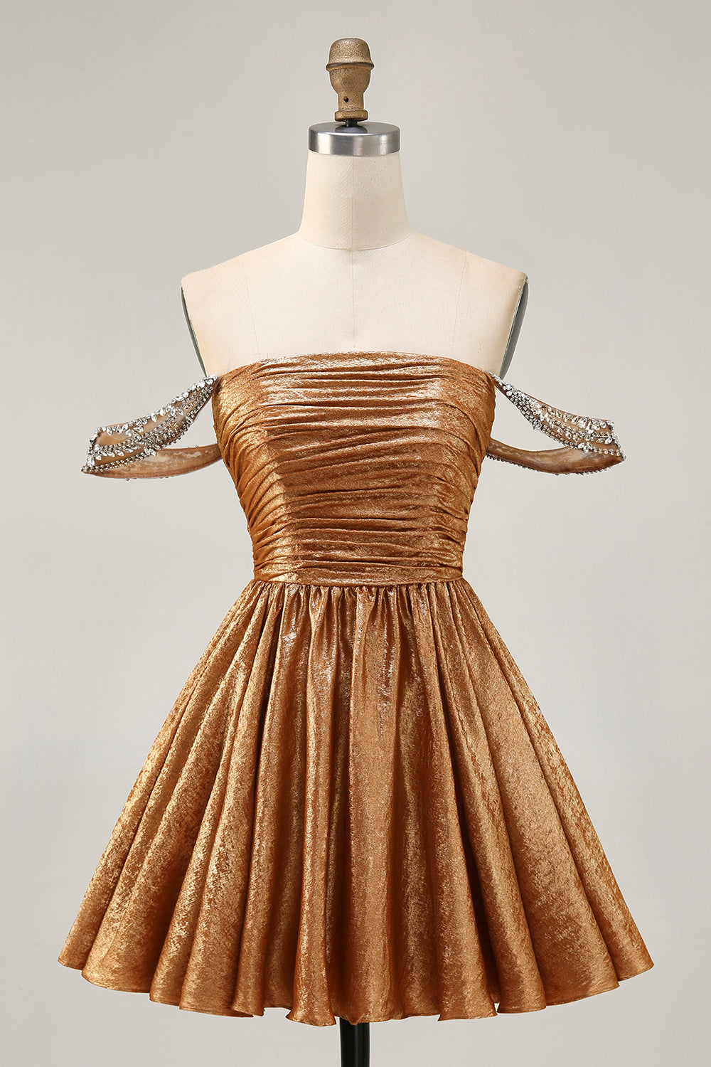 Metallic A-Line Off The Shoulder Beaded Ruched Golden Homecoming Dress