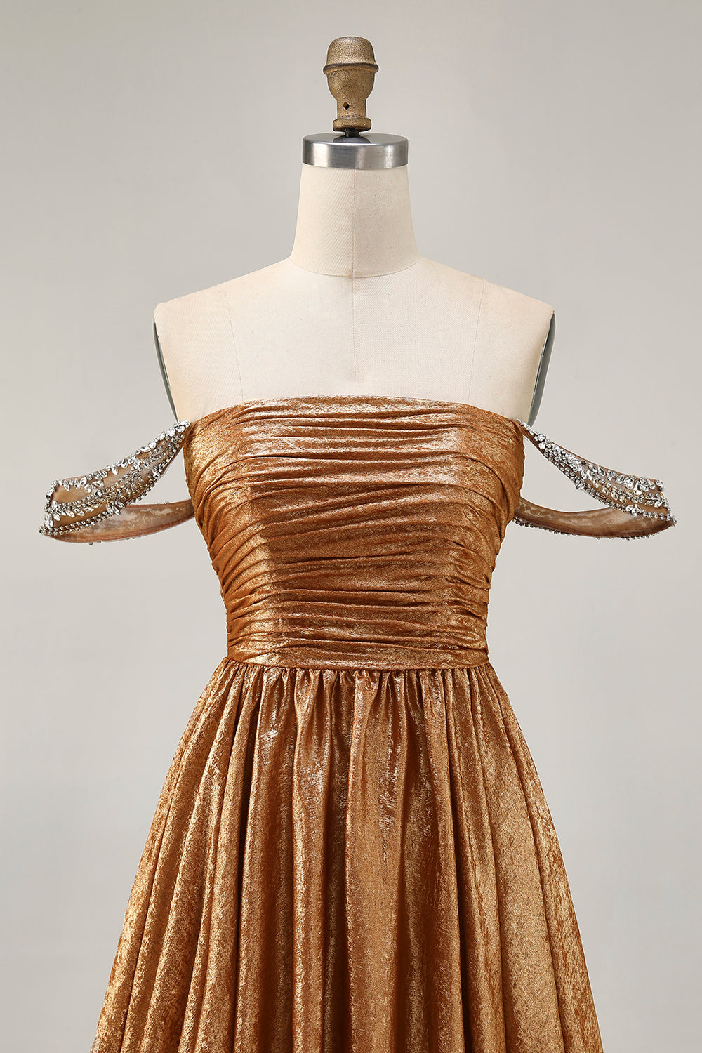 Metallic A-Line Off The Shoulder Beaded Ruched Golden Homecoming Dress